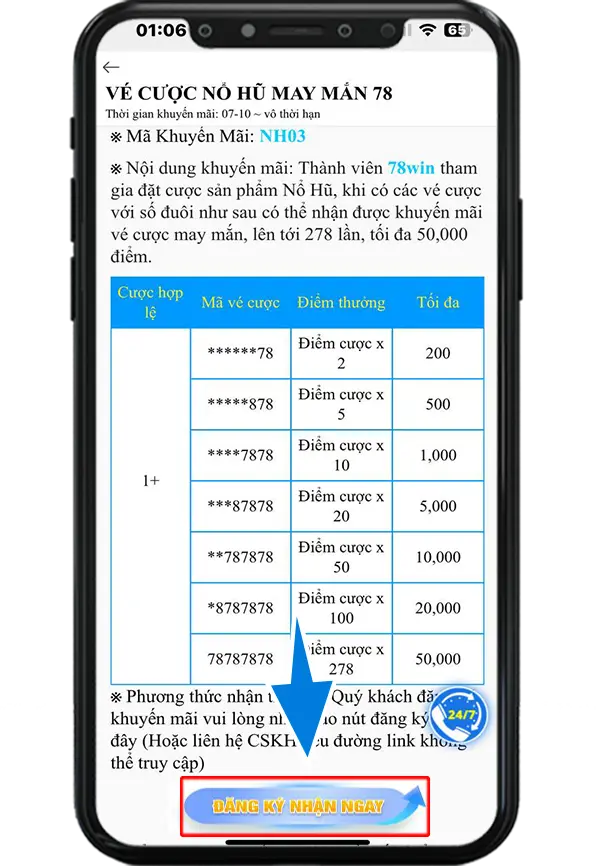 Bước 3 : Bấm vào Đăng Ký  Nhận Ngay